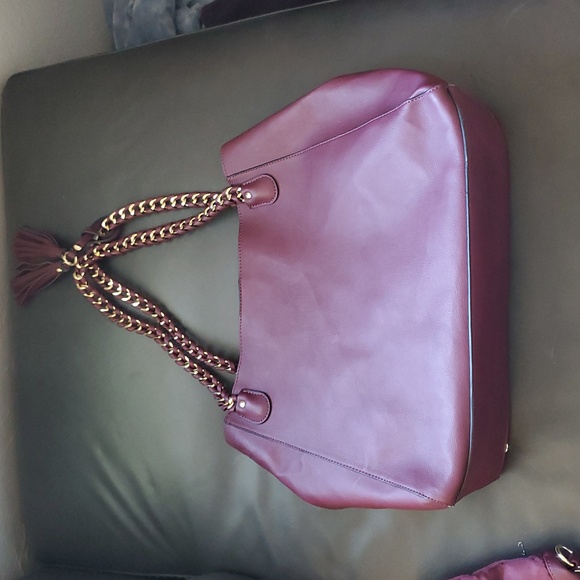 ANDREW MARC NEW YORK PURSE TOTE Bag Set BURGUNDY GOLD BRAIDED CHAIN Faux Leather - Picture 13 of 16